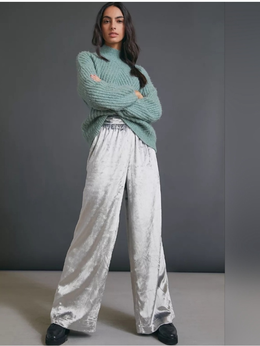 Maeve Silver Crushed Velvet Wide-Leg Pants
